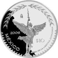 Mexico coin 10 Pesos - Chihuahua - Silver Proof Issue (2006) reverse reverse of 10 Pesos - Chihuahua - Silver Proof Issue (2006) coin with KM# 774 from Mexico. Inscription: Mo 2006 $10 México ANGEL DE LA LIBERTAD, CHIHUAHUA