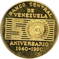 Venezuela coin 50 Bolívares - 50th Anniversary of the Central Bank of Venezuela (1990) obverse obverse of 50 Bolívares - 50th Anniversary of the Central Bank of Venezuela (1990) coin with Y# 67 from Venezuela. Inscription: BANCO CENTRAL DE VENEZUELA ANIVERSARIO 1940-1990