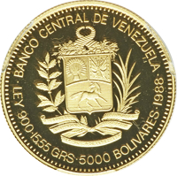 obverse of 5000 Bolívares - 200th Anniversary of Rafael Urdaneta's birth (1988) coin with Y# 62 from Venezuela. Inscription: •BANCO CENTRAL DE VENEZUELA• LEY 900•15,55 GRS•5000 BOLIVARES•1988