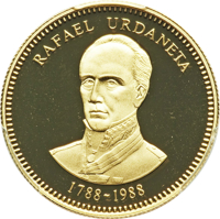 reverse of 5000 Bolívares - 200th Anniversary of Rafael Urdaneta's birth (1988) coin with Y# 62 from Venezuela. Inscription: RAFAEL URDANETA 1788 - 1988