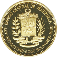 obverse of 5000 Bolívares - 200th Anniversary of Santiago Mariño's birth (1988) coin with Y# 63 from Venezuela. Inscription: •BANCO CENTRAL DE VENEZUELA• LEY 900•15,55 GRS•5000 BOLIVARES•1988