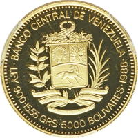 Venezuela coin 5000 Bolívares - 200th Anniversary of Santiago Mariño's birth (1988) obverse obverse of 5000 Bolívares - 200th Anniversary of Santiago Mariño's birth (1988) coin with Y# 63 from Venezuela. Inscription: •BANCO CENTRAL DE VENEZUELA• LEY 900•15,55 GRS•5000 BOLIVARES•1988