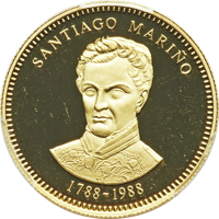 reverse of 5000 Bolívares - 200th Anniversary of Santiago Mariño's birth (1988) coin with Y# 63 from Venezuela. Inscription: SANTIAGO MARIÑO 1788 -1988