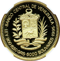 obverse of 5000 Bolívares - 200th Anniversary of Antonio Jose de Sucre's birth (1995) coin with Y# 73 from Venezuela. Inscription: •BANCO CENTRAL DE VENEZUELA• LEY 900•15,55 GRS•5000 BOLIVARES•1995