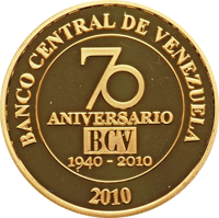 obverse of 50 Bolívares - 70th Anniversary Venezuela Central Bank (2010) coin with Y# 102 from Venezuela. Inscription: BANCO CENTRAL DE VENEZUELA 70 ANIVERSARIO BCV 1940-2010 2010