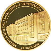 Venezuela coin 50 Bolívares - 70th Anniversary Venezuela Central Bank (2010) reverse reverse of 50 Bolívares - 70th Anniversary Venezuela Central Bank (2010) coin with Y# 102 from Venezuela. Inscription: SEGUNDA SEDE DEL BANCO CENTRAL DE VENEZUELA • 50 BOLÍVARES
