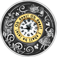 Tuvalu coin 2 Dollars - Elizabeth II - 150th Anniversary of Alice’s Adventures in Wonderland (2015) reverse reverse of 2 Dollars - Elizabeth II - 150th Anniversary of Alice’s Adventures in Wonderland (2015) coin with KM# 269 from Tuvalu. Inscription: 2oz 999 SILVER Oh dear! Oh dear! I shall be late! P