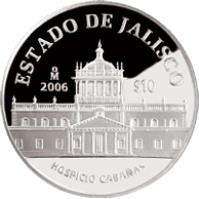 Mexico coin 10 Pesos - Jalisco - Silver Proof Issue (2006) reverse reverse of 10 Pesos - Jalisco - Silver Proof Issue (2006) coin with KM# 794 from Mexico. Inscription: ESTADO DE JALISCO Mo 2006 $10 HOSPICIO CABAÑAS
