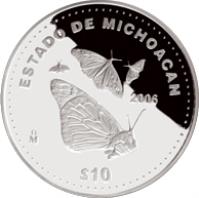 Mexico coin 10 Pesos - Michoacán - Silver Proof Issue (2006) reverse reverse of 10 Pesos - Michoacán - Silver Proof Issue (2006) coin with KM# 831 from Mexico. Inscription: ESTADO DE MICHOACAN 2006 Mo $10