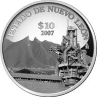 Mexico coin 10 Pesos - Nuevo León - Silver Proof Issue (2007) reverse reverse of 10 Pesos - Nuevo León - Silver Proof Issue (2007) coin with KM# 834 from Mexico. Inscription: ESTADO DE NUEVO LEÓN 10$ 2007 Mo