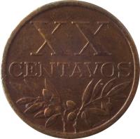 reverse of 20 Centavos (1942 - 1969) coin with KM# 584 from Portugal. Inscription: XX CENTAVOS M NORTE.
