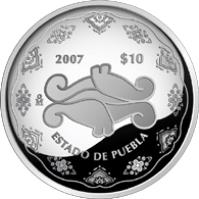 Mexico coin 10 Pesos - Puebla - Silver Proof Issue (2007) reverse reverse of 10 Pesos - Puebla - Silver Proof Issue (2007) coin with KM# 836 from Mexico. Inscription: 2007 $10 Mo ESTADO DE PUEBLA
