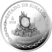 Mexico coin 10 Pesos - Sinaloa - Silver Proof Issue (2007) reverse reverse of 10 Pesos - Sinaloa - Silver Proof Issue (2007) coin with KM# 840 from Mexico. Inscription: ESTADO DE SINALOA Mo 2007 $10 LUGAR DE PITAHAYAS