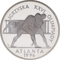 Poland coin 20 Złotych - XXVI Olympic Games - Atlanta 1996 (1995) reverse reverse of 20 Złotych - XXVI Olympic Games - Atlanta 1996 (1995) coin with Y# 304 from Poland. Inscription: IGRZYSKA XXVI OLIMPIADY RK ATLANTA 1996
