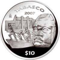 reverse of 10 Pesos - Tabasco - Silver Proof Issue (2007) coin with KM# 842 from Mexico. Inscription: TABASCO Mo 2007 $10