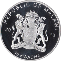 obverse of 10 Kwacha - Birds of Prey - Madagascar Fish Eagle (2010) coin from Malawi. Inscription: REPUBLIC OF MALAWI 20 10 UNITY AND FREEDOM 10 KWACHA
