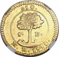 Costa Rica coin 1 Escudo (1842) reverse reverse of 1 Escudo (1842) coin with KM# 33 from Costa Rica. Inscription: 21 Q. 1• E• M.M. 1842.