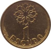 reverse of 1 Escudo (1986 - 2001) coin with KM# 631 from Portugal. Inscription: 1 ESCUDO H.BATISTA