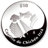 reverse of 10 Pesos - Yucatan - Silver Proof Issue (2007) coin with KM# 846 from Mexico. Inscription: $10 YUCATÁN 2007 Mo Castillo de Chichén Itzá
