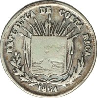 obverse of 25 Centavos (1864) coin with KM# 105 from Costa Rica. Inscription: REPUBLICA DE COSTA RICA 1864