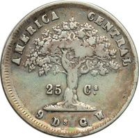 reverse of 25 Centavos (1864) coin with KM# 105 from Costa Rica. Inscription: AMERICA CENTRAL 25 Cs. 9 D. G. W.