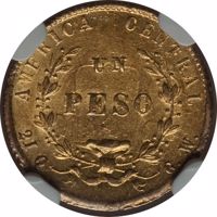 reverse of 1 Peso (1864 - 1868) coin with KM# 107 from Costa Rica. Inscription: AMERICA CENTRAL UN PESO 21 Q G.W.