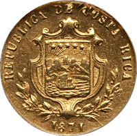 obverse of 1 Peso (1871 - 1872) coin with KM# 116 from Costa Rica. Inscription: REPUBLICA DE COSTA RICA 1871