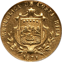 Costa Rica coin 1 Peso (1871 - 1872) obverse obverse of 1 Peso (1871 - 1872) coin with KM# 116 from Costa Rica. Inscription: REPUBLICA DE COSTA RICA 1871