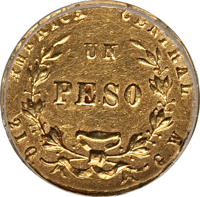 reverse of 1 Peso (1871 - 1872) coin with KM# 116 from Costa Rica. Inscription: AMERICA CENTRAL UN PESO 21 Q G.W.