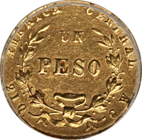 Costa Rica coin 1 Peso (1871 - 1872) reverse reverse of 1 Peso (1871 - 1872) coin with KM# 116 from Costa Rica. Inscription: AMERICA CENTRAL UN PESO 21 Q G.W.