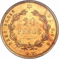 reverse of 20 Pesos (1873) coin with KM# 119 from Costa Rica. Inscription: ★ 20 PESOS PESO 32,258 LEI 0,900 G.W.