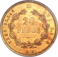 Costa Rica coin 20 Pesos (1873) reverse reverse of 20 Pesos (1873) coin with KM# 119 from Costa Rica. Inscription: ★ 20 PESOS PESO 32,258 LEI 0,900 G.W.