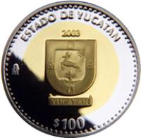reverse of 100 Pesos - Yucatán - Gold & Silver Proof Issue (2003) coin with KM# 697 from Mexico. Inscription: ESTADO DE YUCATAN 2003 Mo $100