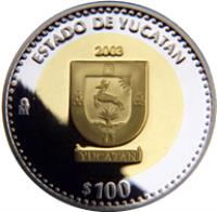 Mexico coin 100 Pesos - Yucatán - Gold & Silver Proof Issue (2003) reverse reverse of 100 Pesos - Yucatán - Gold & Silver Proof Issue (2003) coin with KM# 697 from Mexico. Inscription: ESTADO DE YUCATAN 2003 Mo $100
