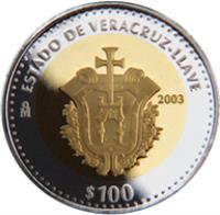 Mexico coin 100 Pesos - Veracruz - Gold & Silver Proof Issue (2003) reverse reverse of 100 Pesos - Veracruz - Gold & Silver Proof Issue (2003) coin with KM# 698 from Mexico. Inscription: ESTADO DE VERACRUZ-LLAVE Mo 2003 $100