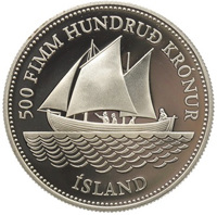 obverse of 500 Krónur - 100th Anniversary of Banknotes in Iceland (1986) coin with KM# 30a from Iceland. Inscription: 500 FIMM HUNDRUÐ KRÓNUR ÍSLAND