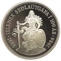 Iceland coin 500 Krónur - 100th Anniversary of Banknotes in Iceland (1986) reverse reverse of 500 Krónur - 100th Anniversary of Banknotes in Iceland (1986) coin with KM# 30a from Iceland. Inscription: · ÍSLENSK SEÐLAÚTGÁFA Í 100 ÁR · 1886 1986