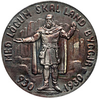 obverse of 5 Krónur - Christian X - 1000 years of Althing (1930) coin from Iceland. Inscription: MEÐ LÖGUM SKAL LAND BYGGJA 930 1930 B. B.