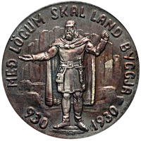 Iceland coin 5 Krónur - Christian X - 1000 years of Althing (1930) obverse obverse of 5 Krónur - Christian X - 1000 years of Althing (1930) coin from Iceland. Inscription: MEÐ LÖGUM SKAL LAND BYGGJA 930 1930 B. B.