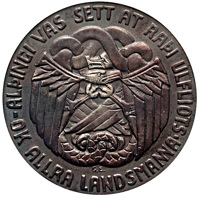 reverse of 5 Krónur - Christian X - 1000 years of Althing (1930) coin from Iceland. Inscription: - ALÞINGI VAS SETT AT RAÞI ULFLIOTS · OK ALLRA LANDSMANNA G. E.