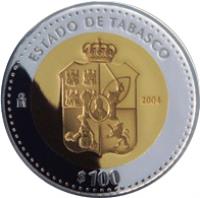 Mexico coin 100 Pesos - Tabasco - Gold & Silver Proof Issue (2004) reverse reverse of 100 Pesos - Tabasco - Gold & Silver Proof Issue (2004) coin with KM# 701 from Mexico. Inscription: ESTADO DE TABASCO Mo 2004 $100