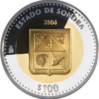 Mexico coin 100 Pesos - Sonora - Gold & Silver Proof Issue (2004) reverse reverse of 100 Pesos - Sonora - Gold & Silver Proof Issue (2004) coin with KM# 702 from Mexico. Inscription: ESTADO DE SONORA 2004 Mo $100