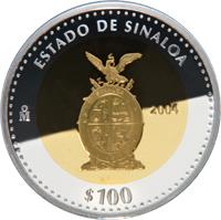 Mexico coin 100 Pesos - Sinaloa - Gold & Silver Proof Issue (2004) reverse reverse of 100 Pesos - Sinaloa - Gold & Silver Proof Issue (2004) coin with KM# 703 from Mexico. Inscription: ESTADO DE SINALOA Mo 2004 $100