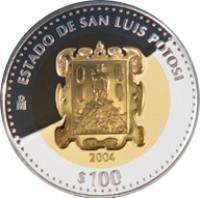 Mexico coin 100 Pesos - San Luis Potosí - Gold & Silver Proof Issue (2004) reverse reverse of 100 Pesos - San Luis Potosí - Gold & Silver Proof Issue (2004) coin with KM# 806 from Mexico. Inscription: ESTADO DE SAN LUIS POTOSI Mo 2004 $100
