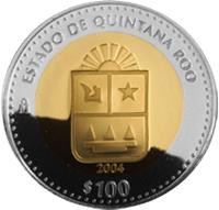 reverse of 100 Pesos - Quintana Roo - Gold & Silver Proof Issue (2004) coin with KM# 807 from Mexico. Inscription: ESTADO DE QUINTANA ROO Mo 2004 $100