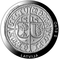 obverse of 5 Euro - 500 years of Livonian ferding (2015) coin with KM# 168 from Latvia. Inscription: LATVIJA 5 EURO