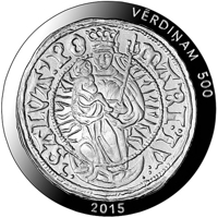 reverse of 5 Euro - 500 years of Livonian ferding (2015) coin with KM# 168 from Latvia. Inscription: 2015 VĒRDIŅAM 500