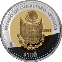 Mexico coin 100 Pesos - Querétaro - Gold & Silver Proof Issue (2004) reverse reverse of 100 Pesos - Querétaro - Gold & Silver Proof Issue (2004) coin with KM# 808 from Mexico. Inscription: ESTADO DE QUERETARO ARTEAGA Mo 2004 $100