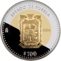 reverse of 100 Pesos - Puebla - Gold & Silver Proof Issue (2004) coin with KM# 809 from Mexico. Inscription: ESTADO DE PUEBLA Mo 2004 $100