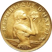 obverse of 500 Gourdes - The Mermaid (1973) coin with KM# 109 from Haiti. Inscription: REPUBLIQUE D'HAÏTI